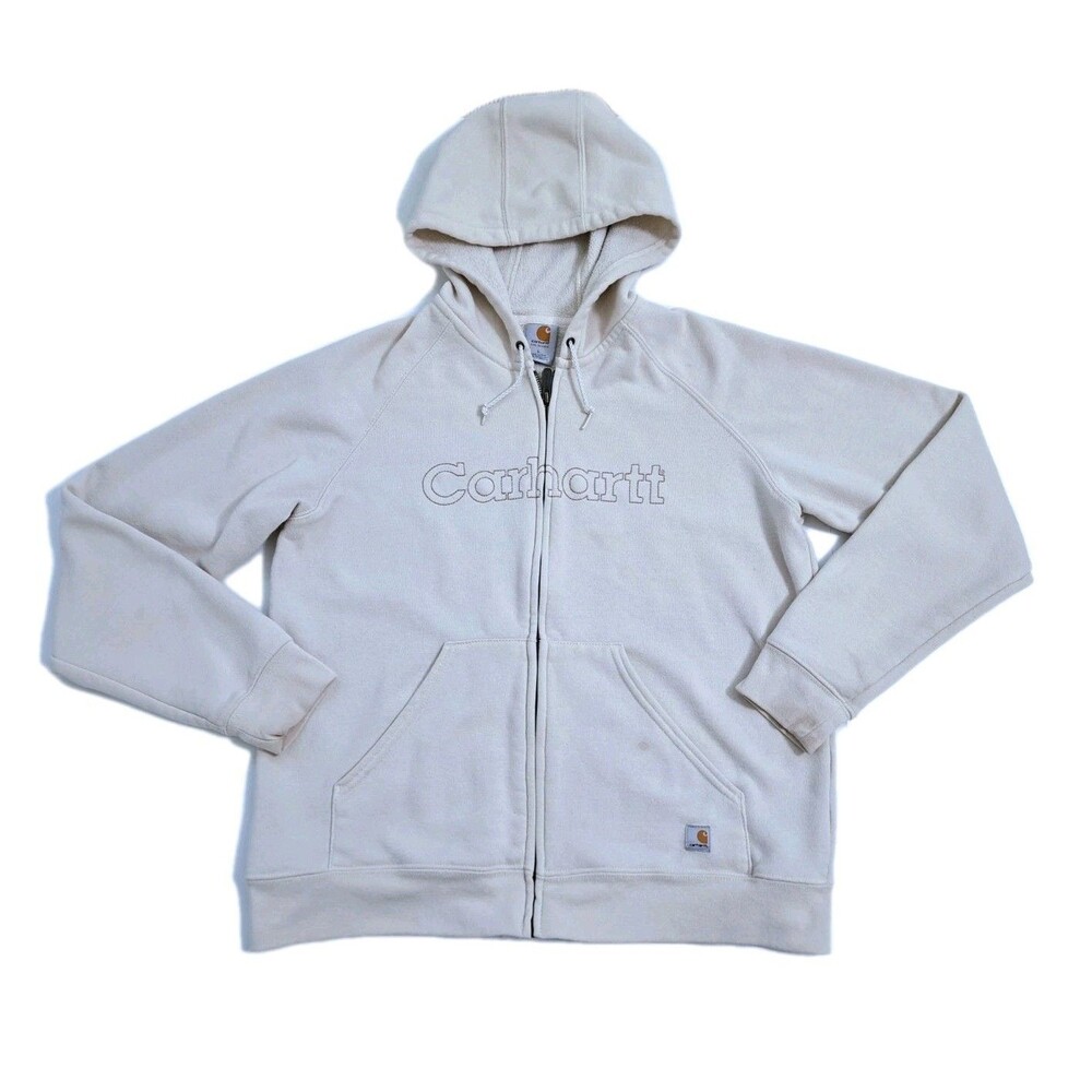 Carhartt Womens Large Zip Hoodie Sweatshirt Jacket Beige Logo Distressed Hooded